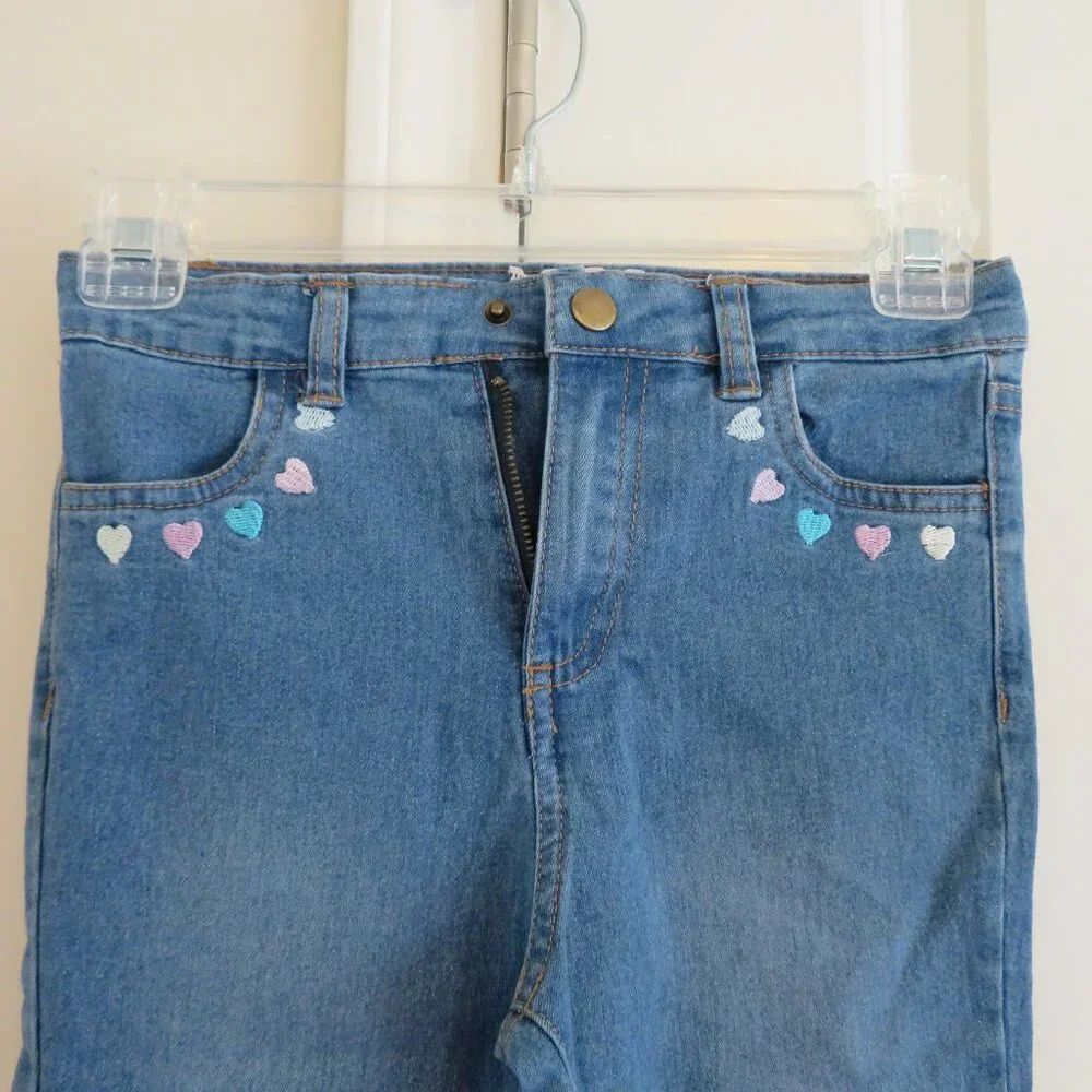 Girls Blue Denim Jeans‎ w/ Pastel Heart Embroidery – Size 6
